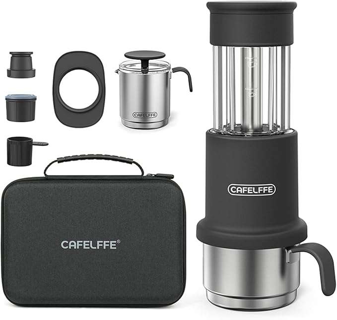 EasytoClean Portable Coffee Maker Set 3-in-1 Design with Capsule &amp Ground Coffee Compatibility Milk Frothing Pitcher Ideal for Traveling Camping Hiking (Black)