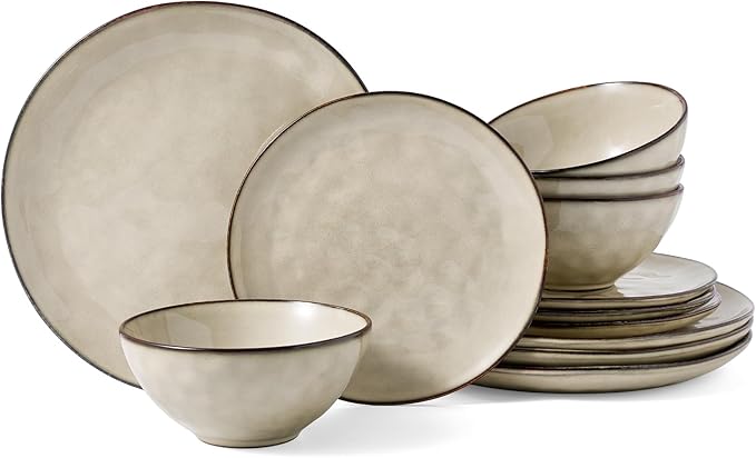 Famiware Dinnerware Sets for 4 Ocean Round 12-Piece Kitchen Plates and Bowls Sets Microwave and Dishwasher Safe Scratch Resistant Light khaki