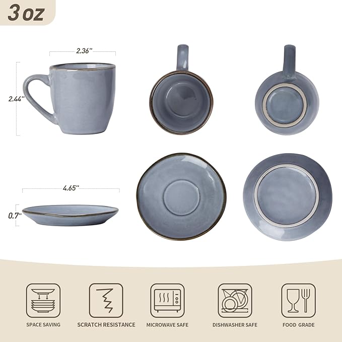 Famiware Aegean 12 Pieces Dinnerware Set + Ocean Espresso Cups with Saucers Set of 4 Microwave and Dishwasher Safe Blue