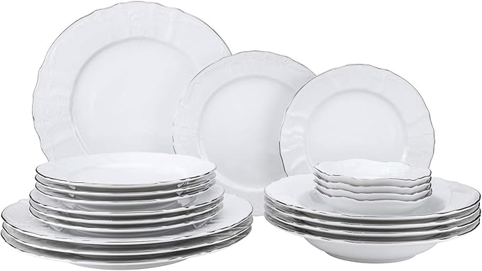 Euro Porcelain 20-pc Luxury Dinnerware Set w/Platinum Silver Ornament HQ Dining Tableware Service for 4 (Bernadette wht.)