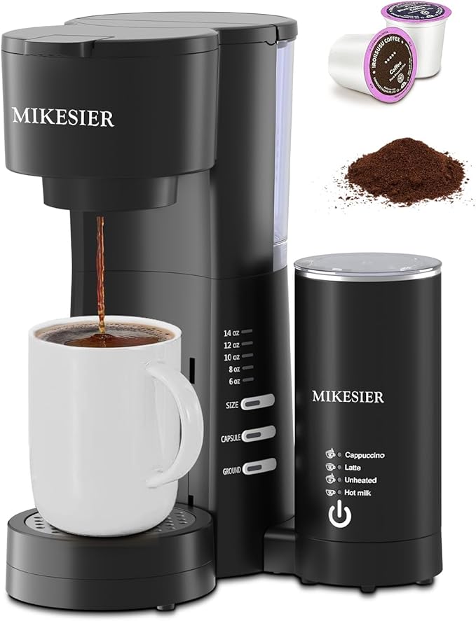 3IN1 Single Serve Coffee Maker with Milk Frother Small Coffee Machine for K Cup &amp Ground 6-14oz Brew Size 28oz Water Tank Adjustable Drip Tray