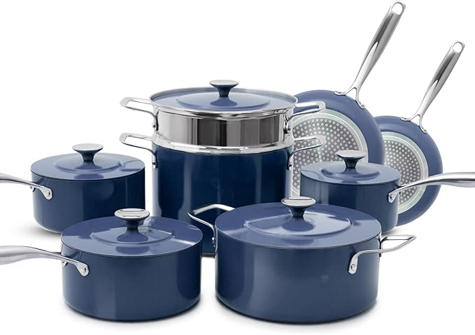 Nuwave Lux 13-Piece Premium Cookware Collection Healthy G10 Duralon Blue Ceramic Nonstick Ultra Durable PFAS-Free Lightweight &amp Works on All Cooktops