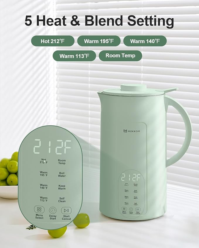 MOKKOM Nut Milk Maker 42oz Automatic Almond Milk Machine for Homemade Plant-Based Milk Oats Soy Dairy Free Beverages Soy Milk Maker with Delay Start/Keep Warm/Self-Cleaning/Boiling Green