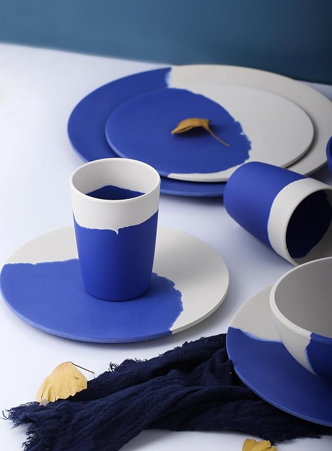 MORGIANA Bamboo Dinnerware Set 8-Pieces Reusable Tableware Set Eco-Friendly Plates Cups Bowls for Camping Picnic Outdoor Party (blue &amp white)