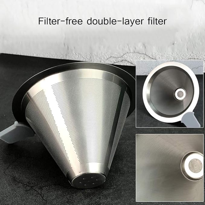 Mingkai Stainless Steel Pour Over Coffee Maker Adjustable Pour Over Coffee Stand with Double Filter Freestanding Drip Cone Brewer and Stand Make Coffee Directly into Mug Cup or Thermos Silver