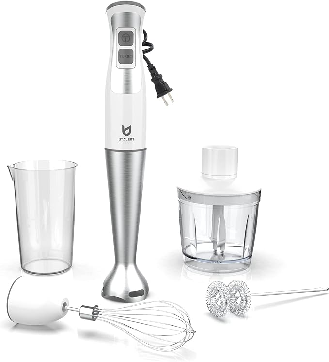 Immersion Hand Blender UTALENT 5-in-1 8-Speed Immersion Blender with 500ml Food Grinder 600ml ContainerMilk FrotherEgg WhiskPuree Infant Food Smoothies Sauces and Soups - White