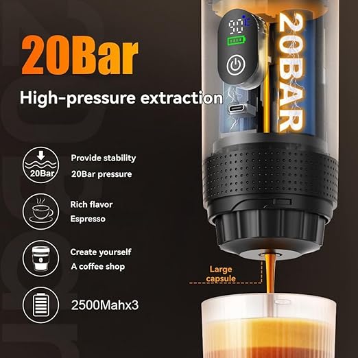 Aboiled Portable Digital Capsule Coffee Maker - Espresso Machine Car &amp Home - Large Capacity High-Pressure Extraction Real-Time Temperature Control