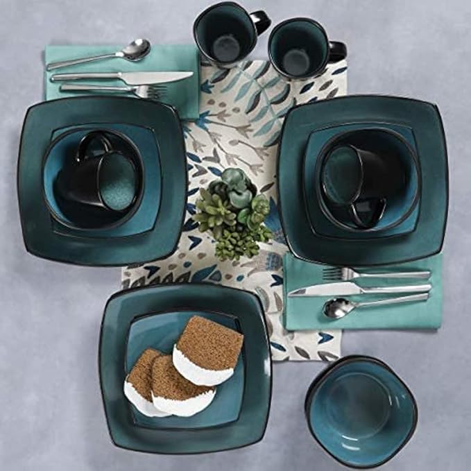 16 Piece Square Two-Tone Stoneware Dinnerware Set For 4 | Reactive Glaze FinishDishwasher &amp Microwave Safe Expertly Crafted | Perfect for Kitchen Dining Durable Teal/Black Shade Modern Appearanc