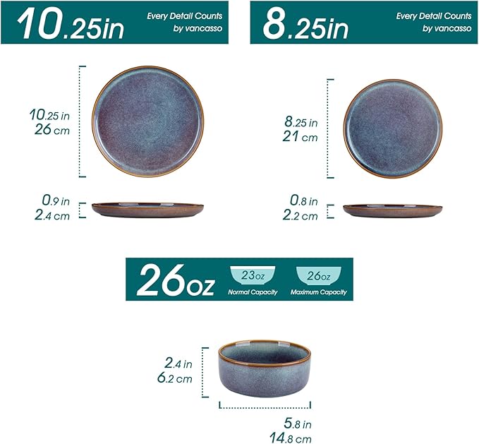 vancasso PLAYA Plates and Bowls Sets 18 Pieces Grey-Blue Dinnerware Sets for Kitchen Reactive Glaze Dishes Set for 6 Dishwasher and Microwave Safe