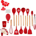 34 Pieces Silicone Cookware Set Wooden Handle Heat Resistant Kitchen Gadgets Non-Stick Cookware Cooking Tools Storage Bucket (red)
