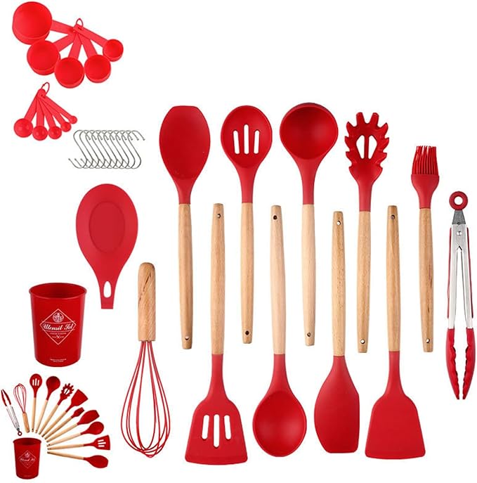 34 Pieces Silicone Cookware Set Wooden Handle Heat Resistant Kitchen Gadgets Non-Stick Cookware Cooking Tools Storage Bucket (red)