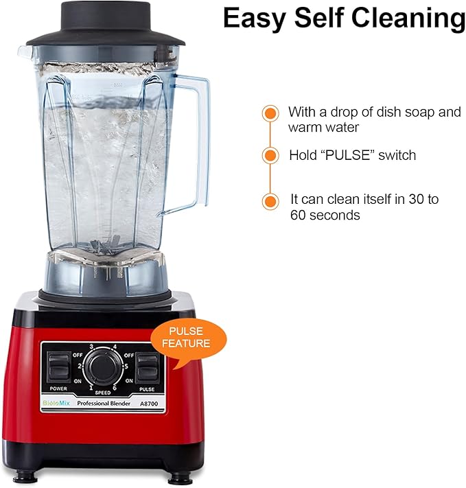 BioloMix Heavy Duty Professional Blender Peak 2200W Commercial Grade Bar Blender With 70Oz Container For Shakes Smoothies Ice Crushing Frozen Fruits Soups Dry Grinding (Red)
