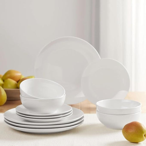 12-Piece Glazed White Stoneware Dinnerware Set - Service for 4 Chip-Resistant Restaurant Quality Dish Set