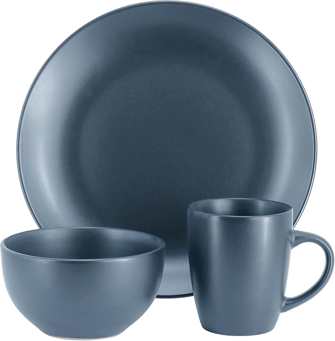 12 Piece Stoneware Dinnerware Set – Round Plates Bowls &amp Mugs for 4 Dishwasher &amp Microwave Safe Modern Matte Finish (Blue)