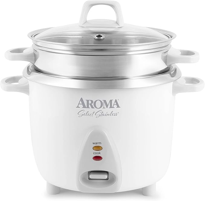 Aroma Housewares 14-Cup (Cooked) / 3Qt. Select Stainless Pot-Style Rice Cooker &amp Food Steamer One-Touch Operation Automatic Keep Warm Mode White (ARC-757-1SG)