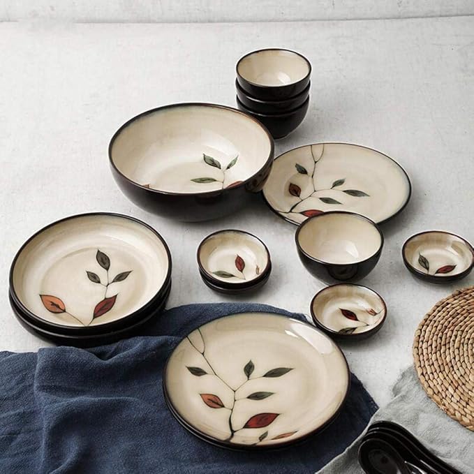 Dinner Plates Pottery Tableware Shabby Vintage Leaf Pattern Porcelain Dinnerware Set 18 Pieces Plates Bowls Combination