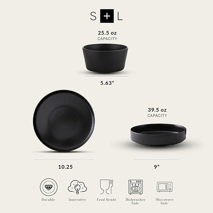 Stone Lain Celina Stoneware 12-Piece Dinnerware Set Cereal and Pasta Bowls Black Coupe