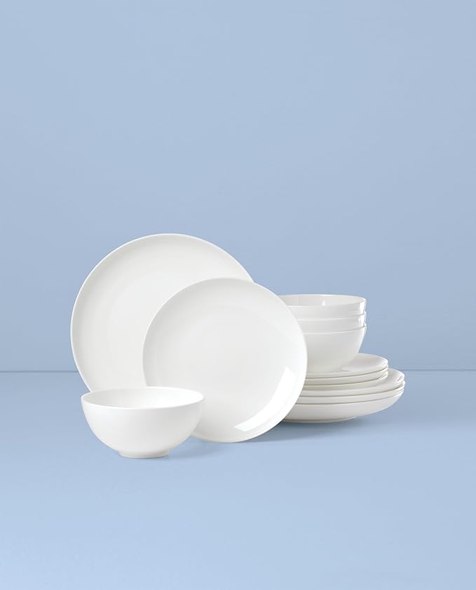 Lenox Dinnerware Set Studio 1414 Coupe 12-Piece Set Service For 4 Bone China Material Dishwasher &amp Microwave Safe Home And Kitchen Kitchen And Dining Plates And Bowls Sets (White 12 Pieces