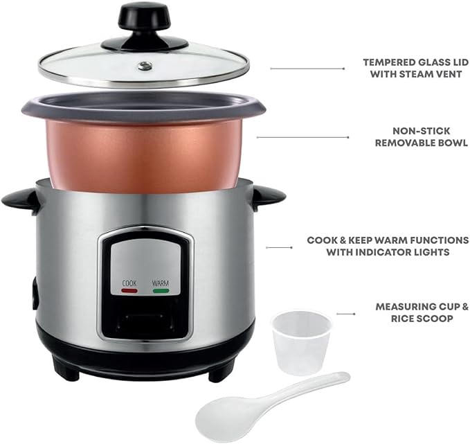 THEGA Electric Rice Cooker - 0.8L Stainless Steel Non-Stick Rice Cooker Removable Bowl Cook &amp Keep Warm Functions and Vented Glass Lid Includes Measuring Cup &amp Spatula