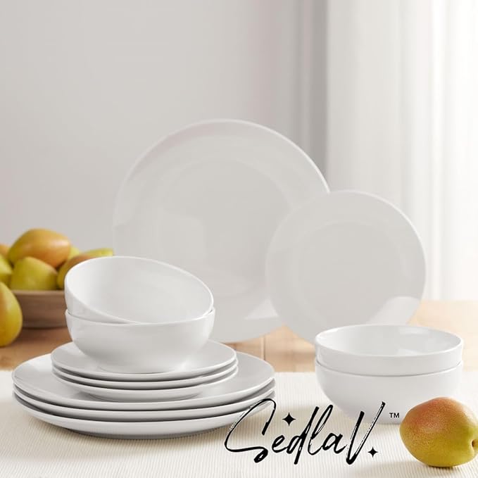 SEDLAV Glazed White Stoneware Dinnerware Set-12 Piece Complete Dining Collection for Elegant Table Settings and Everyday Use