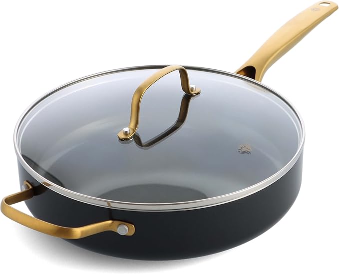 Blue Diamond 4QT Saute Pan with Lid Non Toxic Induction PFAS-Free Diamond Ceramic Nonstick Dishwasher &amp Oven Safe Metal Utensil Safe Gold Handle &amp Helper Handle Jumbo Skillet Glass Lid