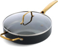 Blue Diamond 4QT Saute Pan with Lid Non Toxic Induction PFAS-Free Diamond Ceramic Nonstick Dishwasher &amp Oven Safe Metal Utensil Safe Gold Handle &amp Helper Handle Jumbo Skillet Glass Lid
