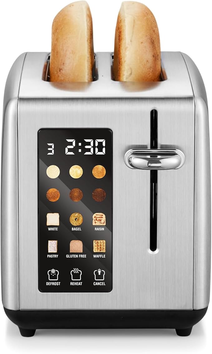 Elite Gourmet 2-Slice Toaster with Digital Countdown Extra-Wide Slots for Bagels &amp Thick Bread One-Touch Presets Stainless Steel Defrost/Reheat/Cancel