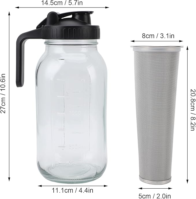COLD BREW COFFEE MAKER PITCHER STAINLESS STEEL FILTER THICK GLASS ICED COFFEE JAR SPOUT LID HANDLE BLACK (2000ml)