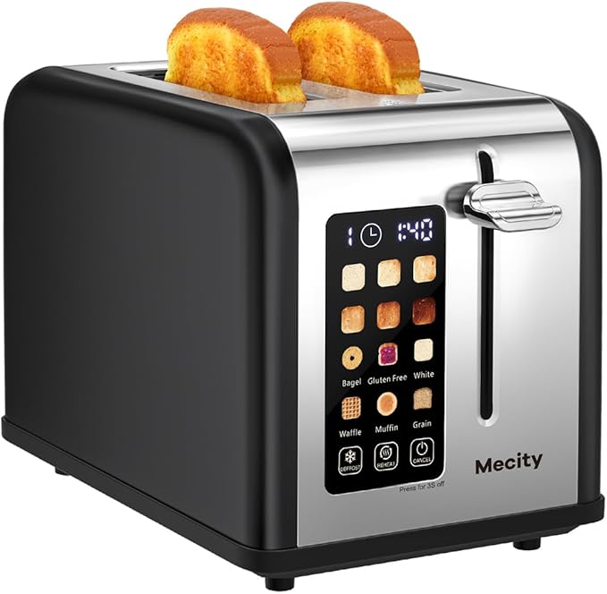 Mecity 2 Slice Touch Screen Toaster 1.5 Wide Slot Stainless Steel Smart Toaster for Bagels Muffins Waffles Gluten-Free Breads Defrost Reheat Timer 120V 825W Matt Black