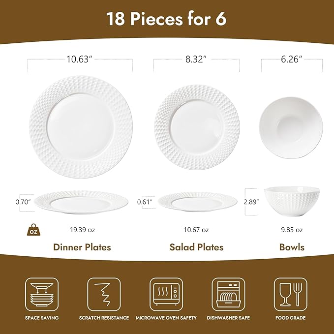 KINGSTONE Bone China Dinnerware Set 18-Piece White Lightweight Porcelain for 6 Plates and Bowls with Rhombus patterned edge design Microwave and Dishwasher Safe for Family Restaurant Gifting
