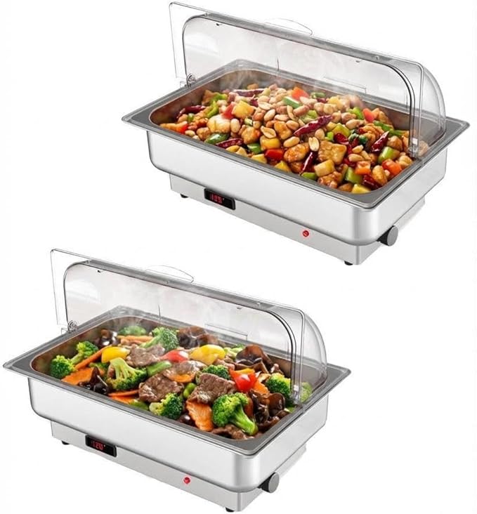 Electric Buffet Chafing Dish Warmer Set – 2-Pack 9QT Stainless Steel with Roll Top Lid – Adjustable Temperature Control – Full-Size Food Pans – NSF Commercial Catering Equipment for Parties