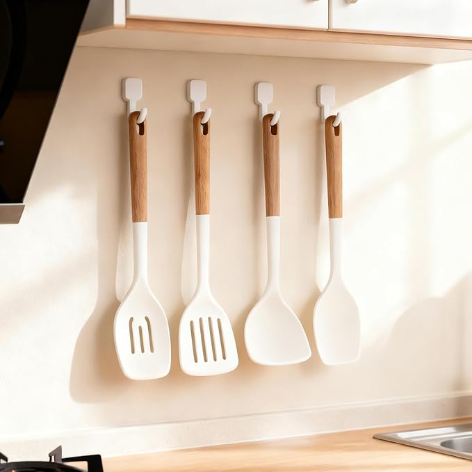 Silicone Kitchen Utensils Set of 4 Large Non-Stick Cooking Utensil Set w Wooden Handle Food Grade Heat Resistance Turner Spoon Silicone Cooking Kitchen Gadgets BPA Free for Nonstick Cookware