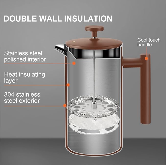 Secura French Press Coffee Maker 304 Grade Stainless Steel Insulated Coffee Press with 2 Extra Screens 34oz (1 Litre) Coffee
