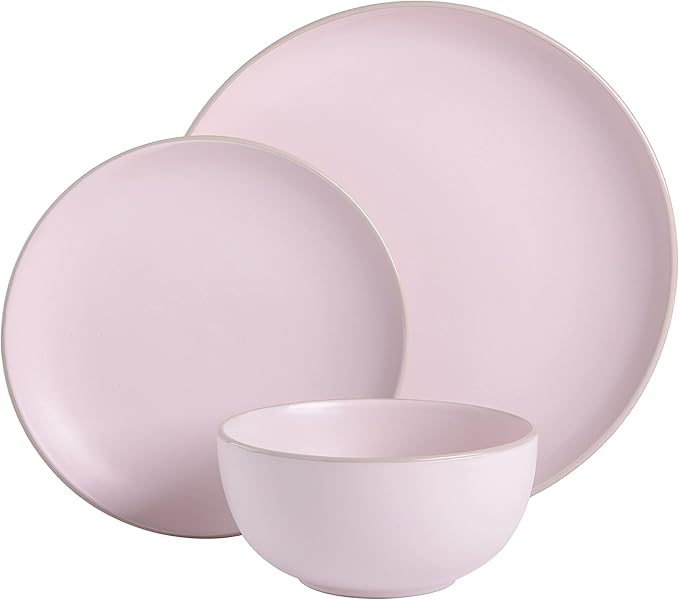 Gibson Home Rockaway 12-Piece Round Stoneware Dinnerware Set Service for 4 – Pink Plates and Bowls Modern Matte Finish Microwave &amp Dishwasher Safe