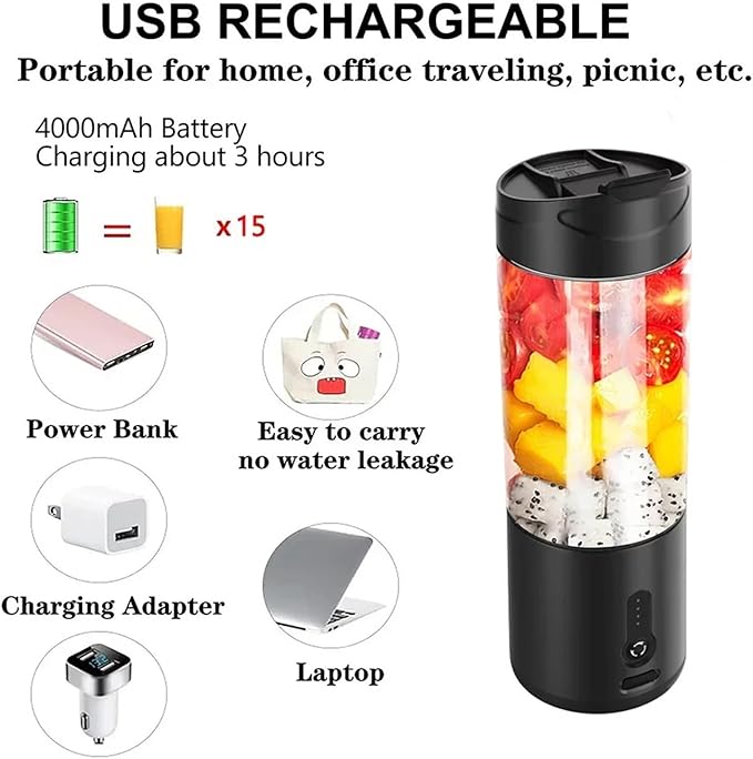 Fit for Portable Blender with 6 Blades - Powerful USB Rechargeable Personal Juicer for Shakes &amp Smoothies(Black blender A)