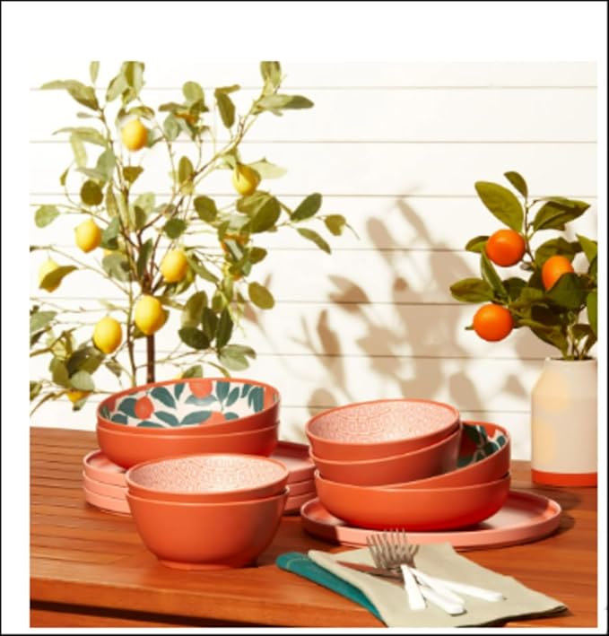 Bamboo Melamine Dinnerware Set 12-Piece – Orange &amp Green