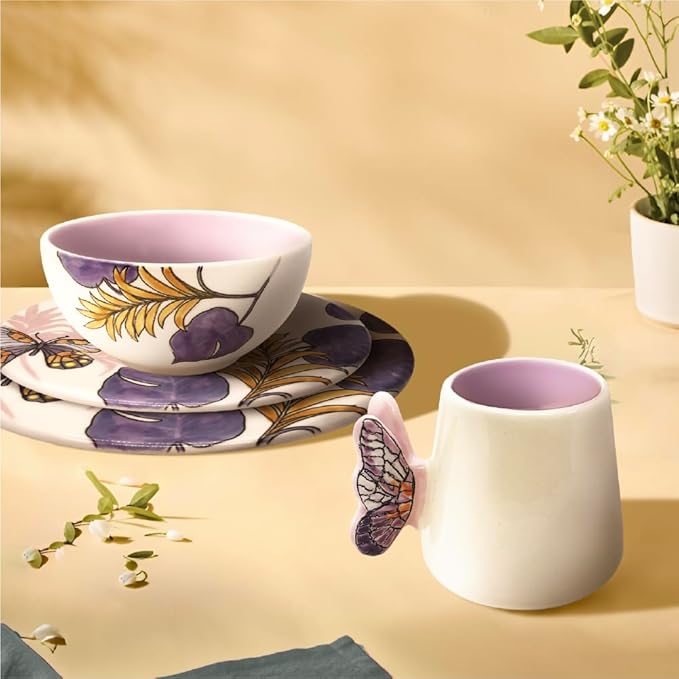 ARTESA ORGANICS BRIGHT NATURE LILA Ceramic Dinnerware Set Lilac Butterfly Pattern with Tropical Leaves Handmade &amp Hand-Painted 4-Piece Collection Microwave Safe