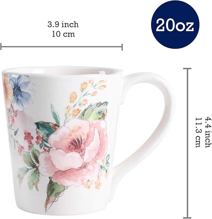 Bico Margret's Garden Ceramic 16 pcs Dinnerware Set Service for 4 Inclusive of 11 inch Dinner Plates 8.75 inch Salad Plates 24oz Cereal Bowls and Mugs for Party Microwave &amp Dishwasher Safe