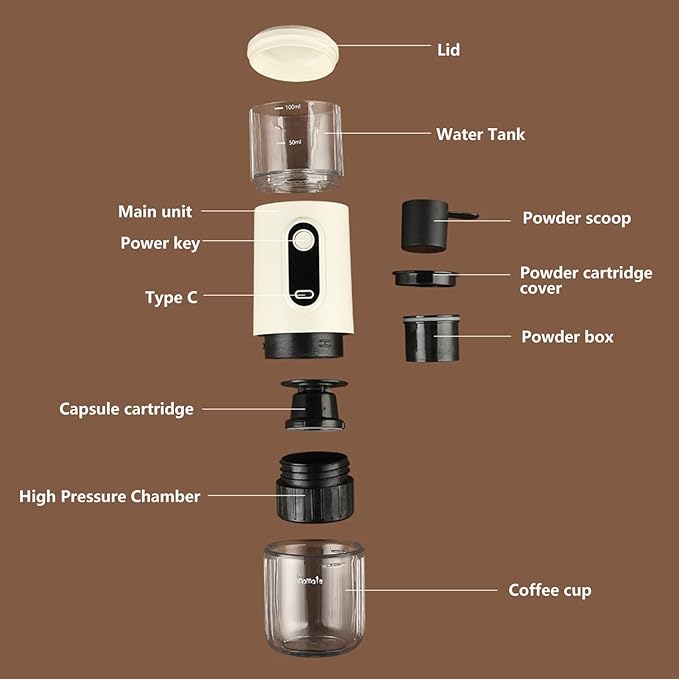 Denash Portable Electric Espresso MachineTravel Coffee Maker for CampingCar Self Heating Coffee Maker with USB C for Hiking Office RV (Beige)
