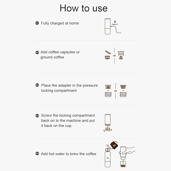 ciciglow Portable Coffee Machine Travel Cordless Automatic Coffee Maker with Capsule Compatible with Ground and Capsule for Outdoor Office Car 17 Bar Pressure System