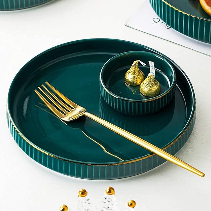 Dinnerware Sets - Luxury Dishes Service Set Ceramics Dinner Sets Bowl/Dish/Spoon|Green Gold Rim Pattern Dinnerware Set Porcelain Combination Set