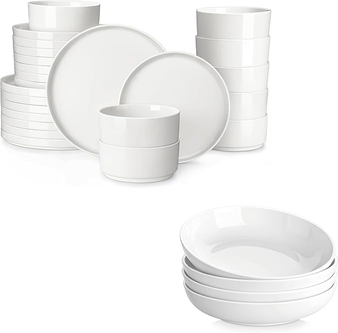 MALACASA 24 Pieces Porcelain Dinnerware Set Bundles 56 OZ White Pasta Bowls Set of 4