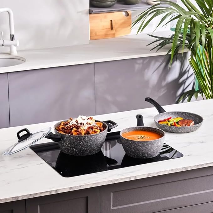Karaca Gris Biogranite 5-Piece Induction Cookware Set 24cm Casserole &amp Lid 24cm Frying Pan &amp Lid 20cm Sauce Pan Grey