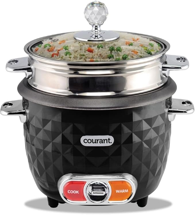 Courant 10-Cup (Cooked) / 5-Cup Uncooked Rice Cooker and Steamer with One-Touch Operation Automatic Keep Warm Function and Chrome Accents Black