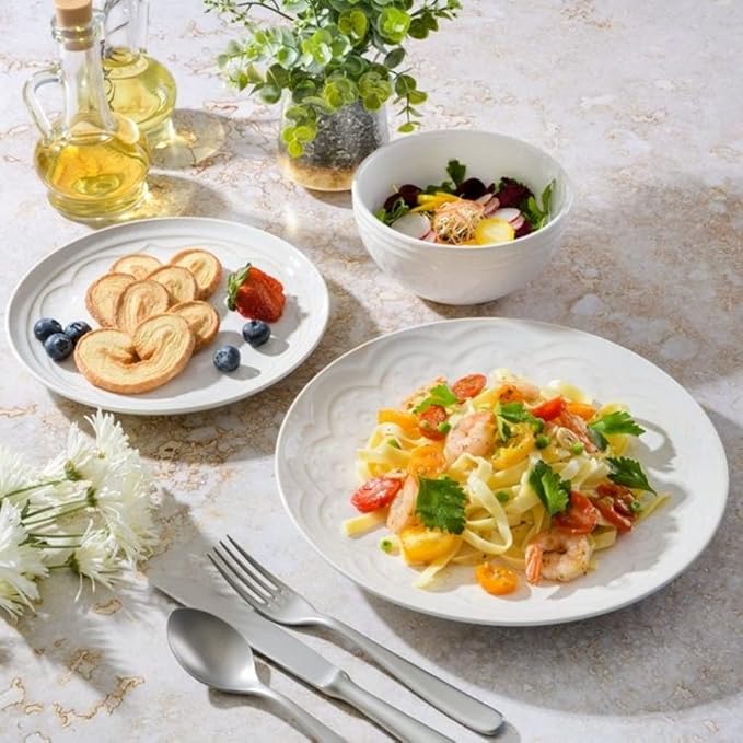 Durable 18 Pieces Elegant Round Ceramic Dinnerware Set For 6 | Hand Painted Floral Emboss Reactive Glaze Design Linen White Color | Durable Dishwasher Oven Safe Pretty Smooth Textured | Stylish Look
