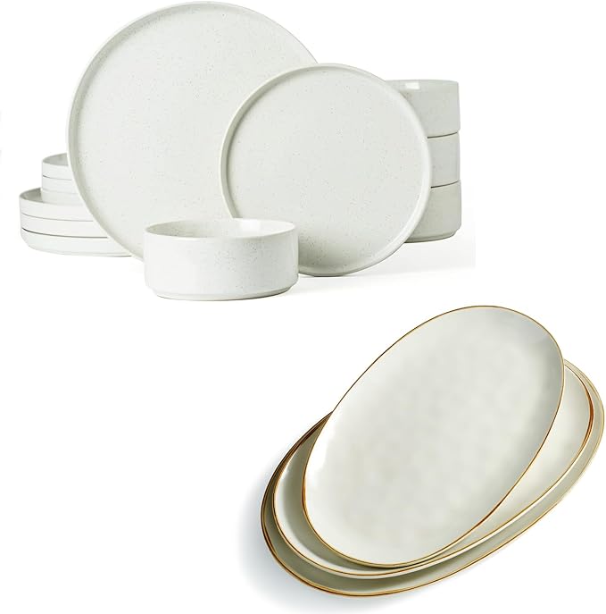 Famiware Nebula Plates and Bowls Sets + 3 Pcs Ocean Oval Serving Platter 15-Piece Dinnerware Sets for 4 White