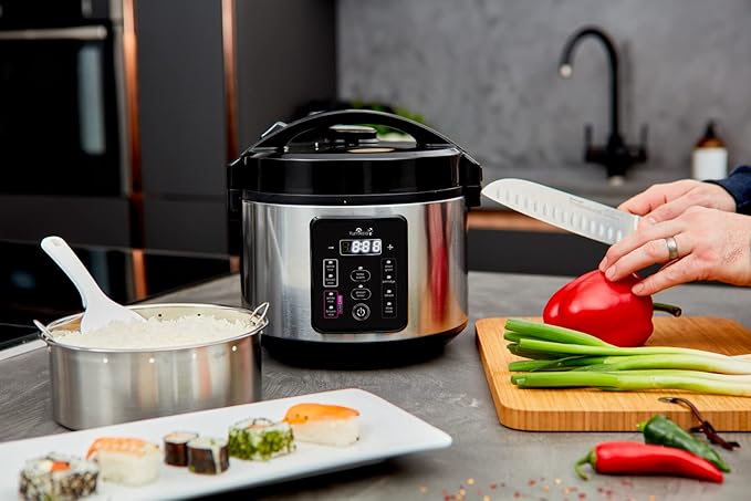 Yum Asia Kumo YumCarb Rice Cooker with Ceramic Bowl and Advanced Fuzzy Logic (5.5 Cups 1 Litre) 5 Rice Cooking Functions 3 Multicooker Functions 110V US Power (Light Stainless Steel)