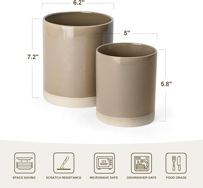 Famiware Nebula Plates and Bowls Set of 12 and Milkyway Kitchen Utensil Holder for Countertop Set of 2 14 Pieces Dinnerware Sets Cinnamon Brown