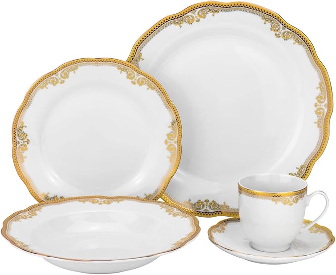 Euro Porcelain 20-pc Luxury Dinnerware Set with Scalloped Edges 24K Gold Ornament HQ Dining Tableware Service for 4