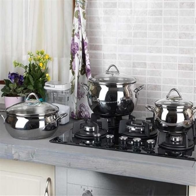 Stainless Steel Cookware Set of Soup Pot 6 Piece Glass Cover Multifunctional Non- Stick Frying Pan Kitchen Cooking